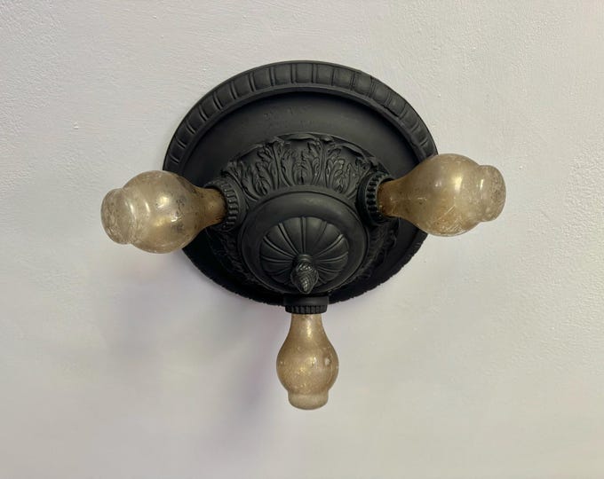Antique Flush Mount Light Fixture, 1910's Bulb-Thru-Base, Cast Iron, Refinished Charcoal Black, Restored/Rewired and Ready to Install