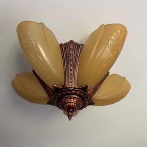 1910&#39;s Antique Semi-Flush Mount Slip Shade Ceiling Light, 5 Bulb Art Deco, Restored/Rewired, Original Deep Copper Decor, Ready to Install