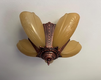 1910's Antique Hanging Slip Shade Ceiling Light, 5 Bulb Art Deco, Restored/Rewired, Deep Bronze, Ready to Install