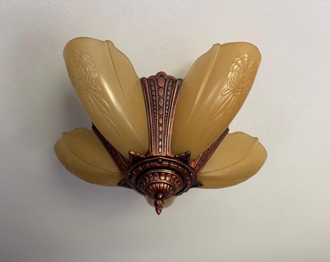 1910's Antique Hanging Slip Shade Ceiling Light, 5 Bulb Art Deco, Restored/Rewired, Deep Bronze, Ready to Install