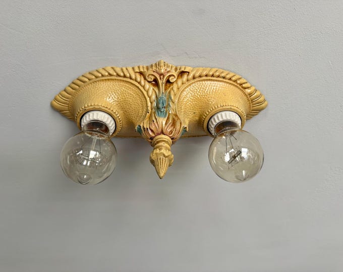 Antique Flush Mount 2 Light, Moe Bridges Cast Iron 1920's Rewired, Original Decor, Summer Straw Salmon Pink Brushed Blue
