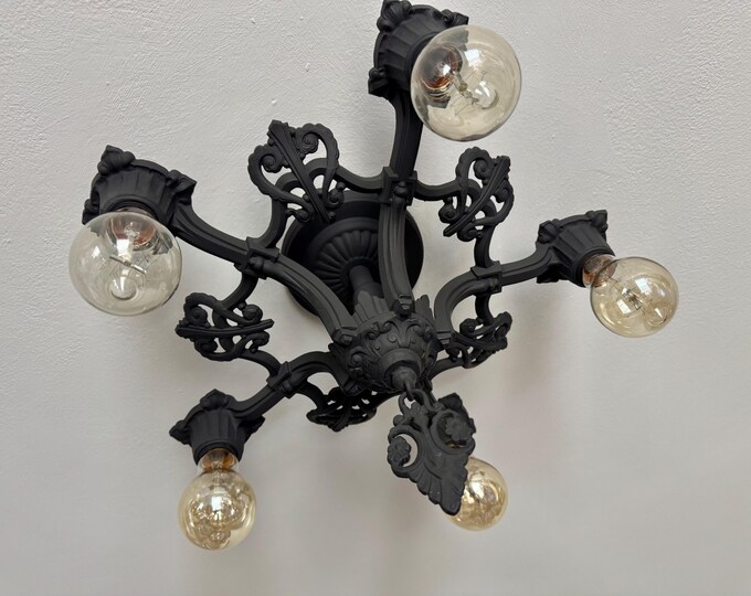 1910's Semi Flush Chandelier, Rewired Refinished Charcoal Black, Restored/Ready to Install, Riddle Company