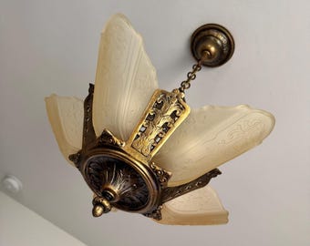 Antique Hanging 5 Bulb Slip Shade Chandelier, 1920's Art Deco Cast Iron, Rewired/Restored, Satin Vaseline Honey Shades, Ready to Install