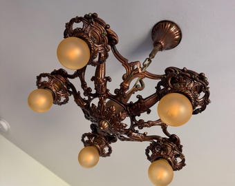 Antique Cast Iron Hanging Chandelier, Rewired/Restored, 1910's Original Deep Bronze Decor with Subtle Green Accents, Rewired/Restored