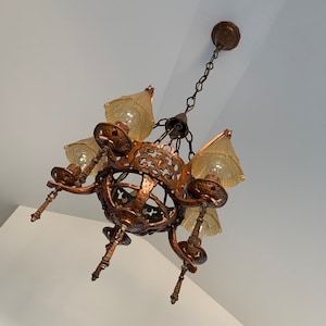 1907 Antique Hanging Slip Shade Ceiling Light, 5 Bulb Spanish Revival, Gothic , Restored/Rewired, Deep Bronze, Ready to Install