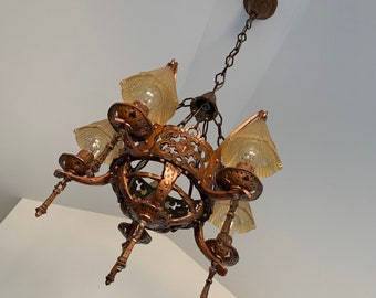 1907 Antique Hanging Slip Shade Ceiling Light, 5 Bulb Spanish Revival, Gothic , Restored/Rewired, Deep Bronze, Ready to Install