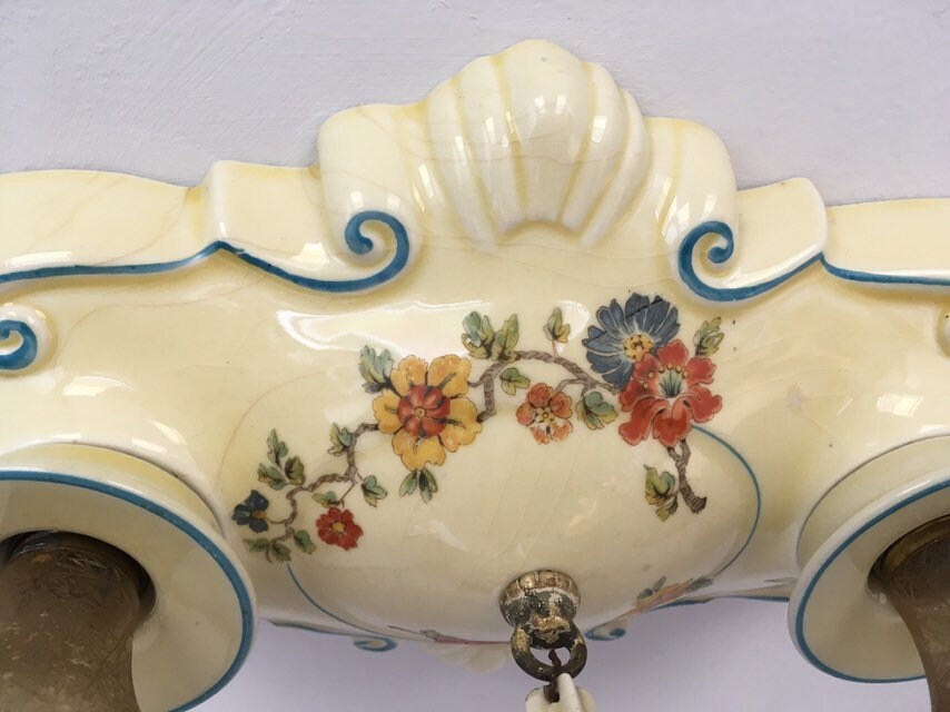 Antique German Porcelain Flush Mount Ceiling Fixture, Custard Cream