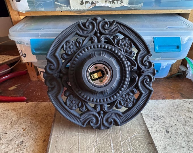 Antique Flush Mount 1 Bulb Ceiling Fixture, 1910's Cast Iron, Refinished Charcoal Black, Rewired and Ready to Install, Art Nouveau