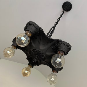 Hanging Ceiling Light, 1920&#39;s Cast Iron, Art Deco, Markel Web Design, Charcoal Black, Rewired and Ready to Install