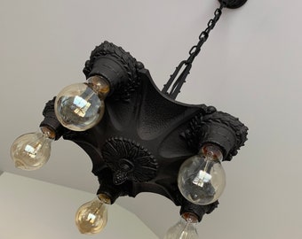 Hanging Ceiling Light, 1920's Cast Iron, Art Deco, Markel Web Design, Charcoal Black, Rewired and Ready to Install