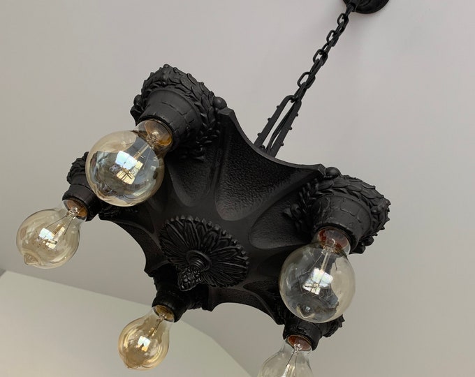 Hanging Ceiling Light, 1920's Cast Iron, Art Deco, Markel Web Design, Charcoal Black, Rewired and Ready to Install