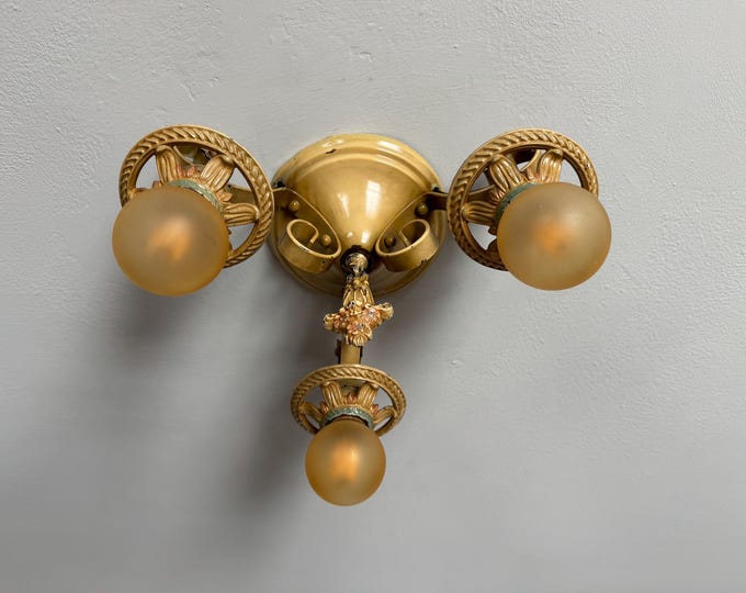 1910's Antique Three Bulb Semi-Flushmount Light Fixture, Original Ivory Decor w/ Pink Accents and Blue, Pressed Brass & Cast Iron, Restored