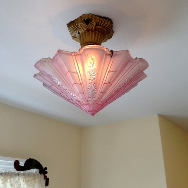 Antique Semi Flush Slip Shade Ceiling Light, Consolidated, Lavender with Barbola Roses, Late 1920's,  Rewired and Ready to Install
