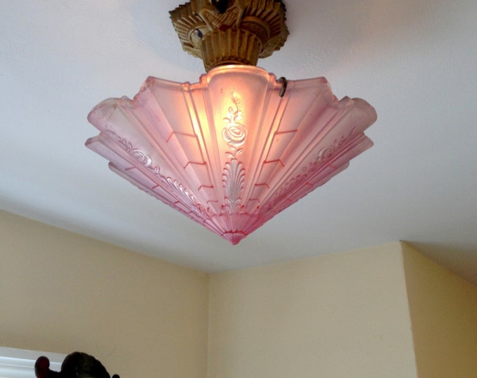 Antique Semi Flush Slip Shade Ceiling Light, Consolidated, Lavender with Barbola Roses,1920's,  Rewired and Ready to Install