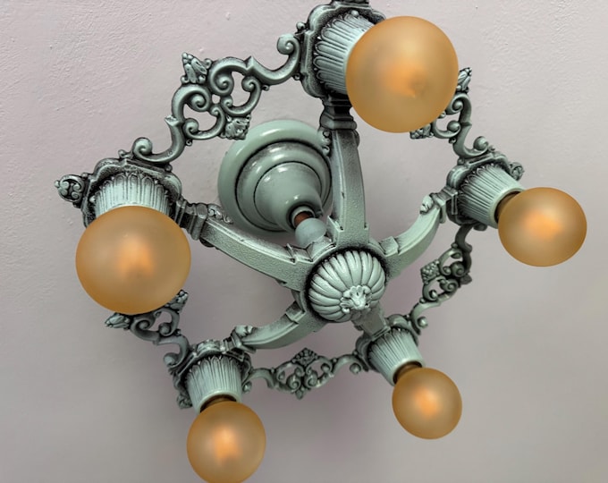 Farmhouse Semi Flush Mount Light Fixture, 1920's Riddle Company, Refinished Robin Egg Blue