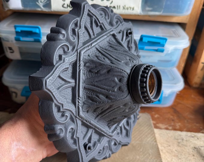Antique Flush Mount 1 Bulb Ceiling Fixture, 1910's Cast Iron, Refinished Charcoal Black, Rewired and Ready to Install, Champion