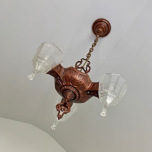 Antique Hanging 3 Bulb Slip Shade Chandelier, 1920&#39;s Cast Iron Art Deco, Rewired/Restored, Clear Glass with Rare Shades