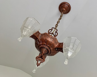 Antique Hanging 3 Bulb Slip Shade Chandelier, 1920's Cast Iron Art Deco, Rewired/Restored, Clear Glass with Rare Shades