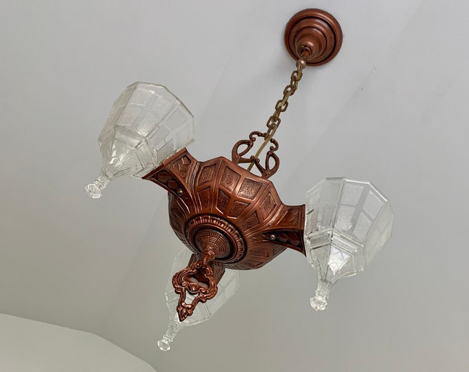 Antique Hanging 3 Bulb Slip Shade Chandelier, 1920's Cast Iron Art Deco, Rewired/Restored, Clear Glass with Rare Shades