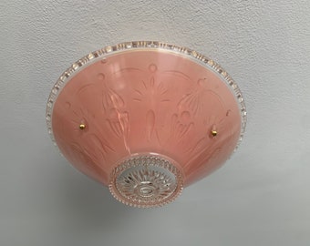 3 Chain Semi Flush Ceiling Light, 1930's, Salmon Pink Glass Bowl, Ready to Install