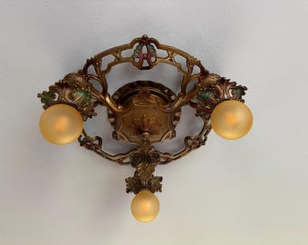 1910's Flushmount Ceiling Fixture, Antique Lighting, 3 Bulb Cast Iron, Original Bronze Decor with Green and Red Accents Ready to Install
