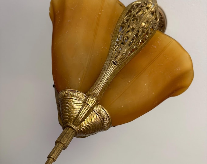 Antique Hanging Slip Shade Ceiling Fixture, 1910's Cast Brass 3 Bulb with Amber Crackle Glass, Original Decor, Restored/Ready to Install