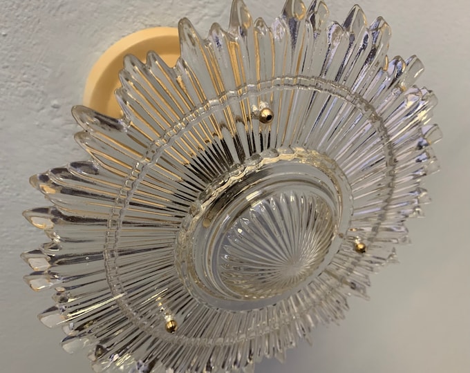 Petite Vintage 3 Chain Semi Flush Ceiling Light, 1930's, Clear Starburst Glass Bowl, Ready to Install