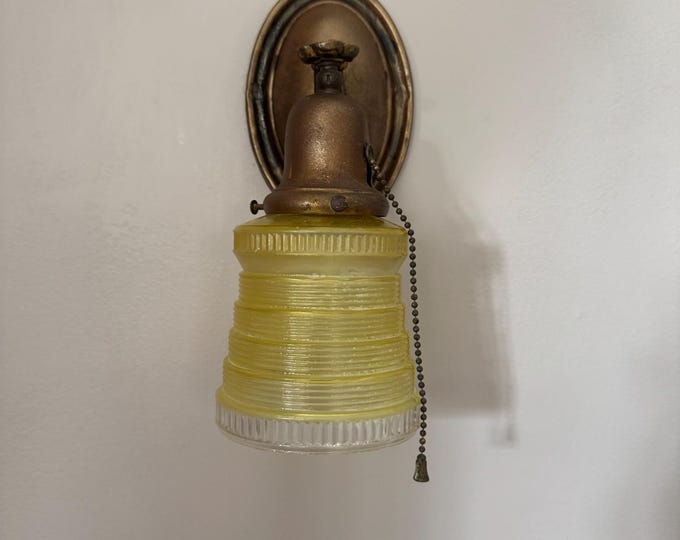 1909 Antique Pressed Brass Wall Sconce, Original Decor, Yellow Glass Shade with On/Off Pull Chain, Rewired and Ready to Install