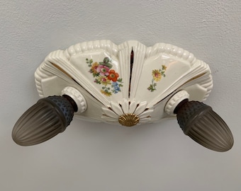Antique German Porcelain Flush Mount Ceiling Fixture, Custard Cream With Floral, Rewired, 1920's Porcelier