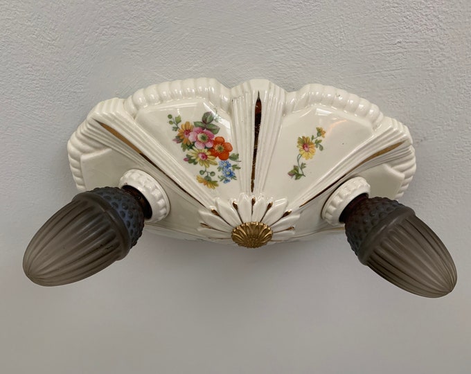 Antique German Porcelain Flush Mount Ceiling Fixture, Custard Cream With Floral, Rewired, 1920's Porcelier