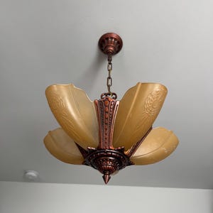 1910&#39;s Antique Hanging Slip Shade Ceiling Light, 5 Bulb Art Deco, Restored/Rewired, Original Deep Copper Decor, Ready to Install