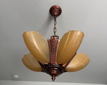 1910's Antique Hanging Slip Shade Ceiling Light, 5 Bulb Art Deco, Restored/Rewired, Original Deep Copper Decor, Ready to Install