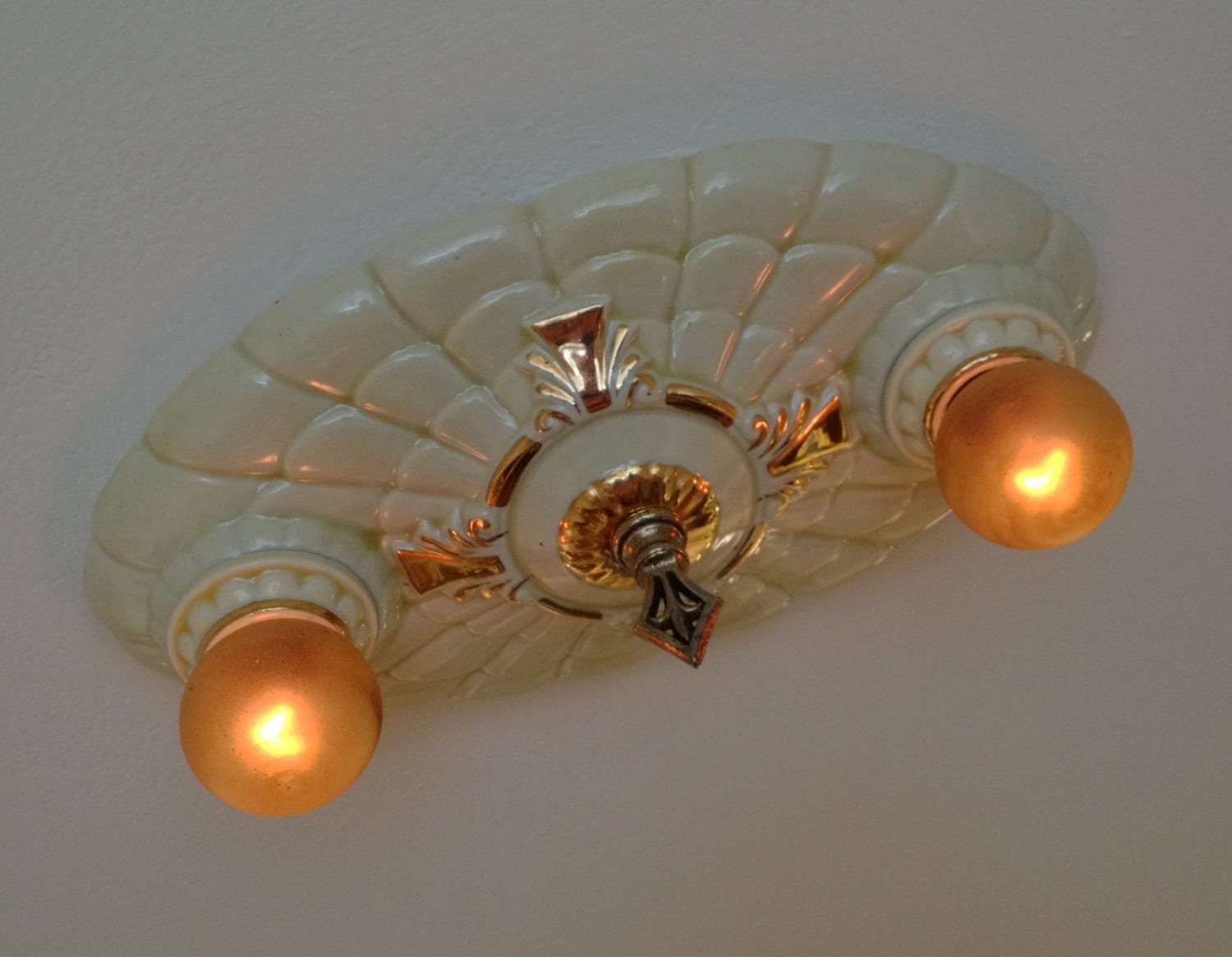 Antique Flush Mount Ceiling Fixture, Two Light Porcelain Bone China