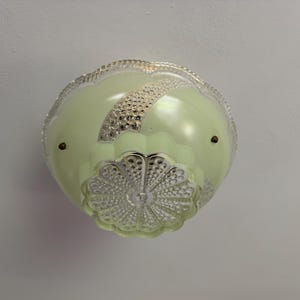 Vintage Lighting 3 Chain Semi Flush Ceiling Light, 1930&#39;s Art Deco Green and Clear Glass Bowl, Ready to Install