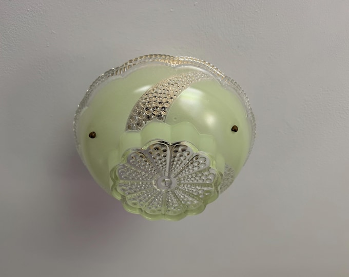 Vintage Lighting 3 Chain Semi Flush Ceiling Light, 1930's Art Deco Green and Clear Glass Bowl, Ready to Install