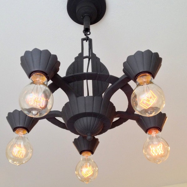 Farmhouse Art Deco 5 Light Hanging Antique Ceiling Fixture, Restored, 1930's, Charcoal Black, Cast Iron