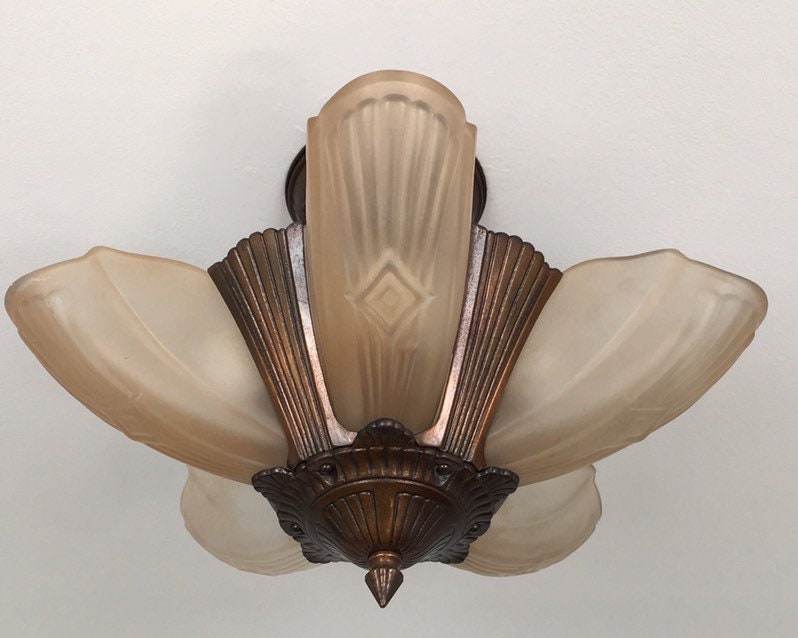 Antique Lighting Semi Flush 5 Light Slip Shade, 1920's Cast Iron Art