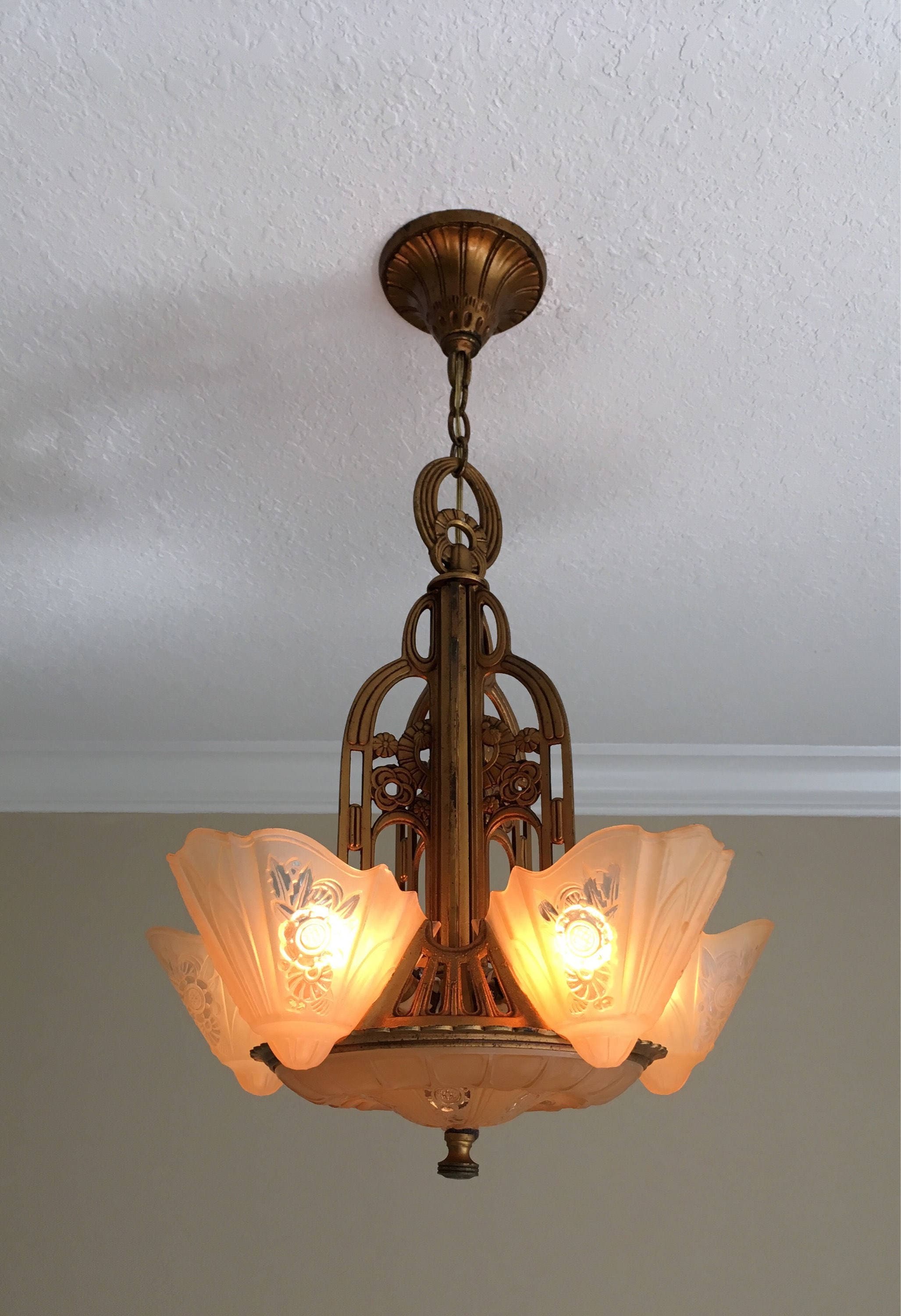 Antique Lighting Slip Shade Chandelier Ceiling Fixture, Restored