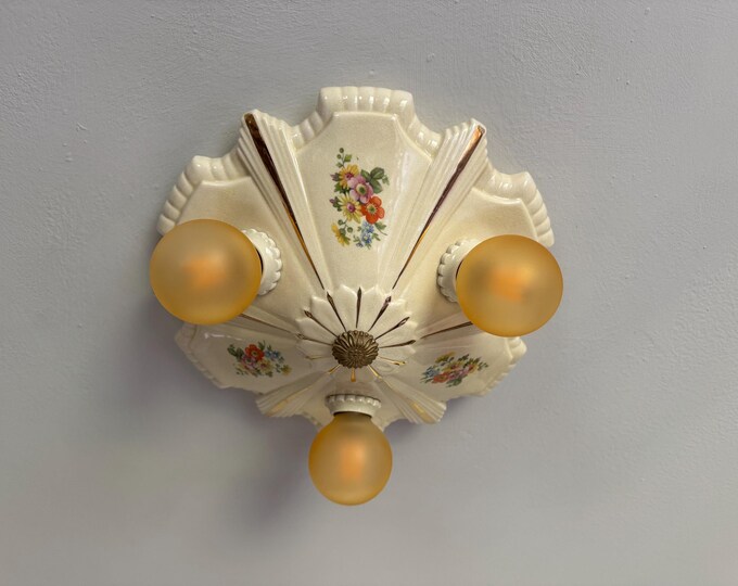 Antique German Porcelain Flush Mount Ceiling Fixture, Custard Cream With Floral, Rewired/Ready to Install, 1920's Porcelier