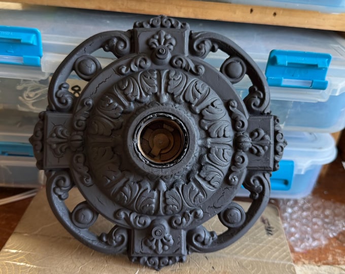 Farmhouse Flush Mount Ceiling Fixture, 1910's Cast Aluminum Single Bulb, Refinished Charcoal Black, Ready to Install, Riddle Company