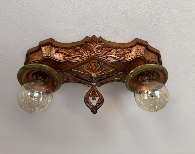 Jadeite and Bronze Flush Mount Ceiling Light Fixture, 1920's Heavy Cast Iron, LaSalle, Rewired/Restored, Art Deco