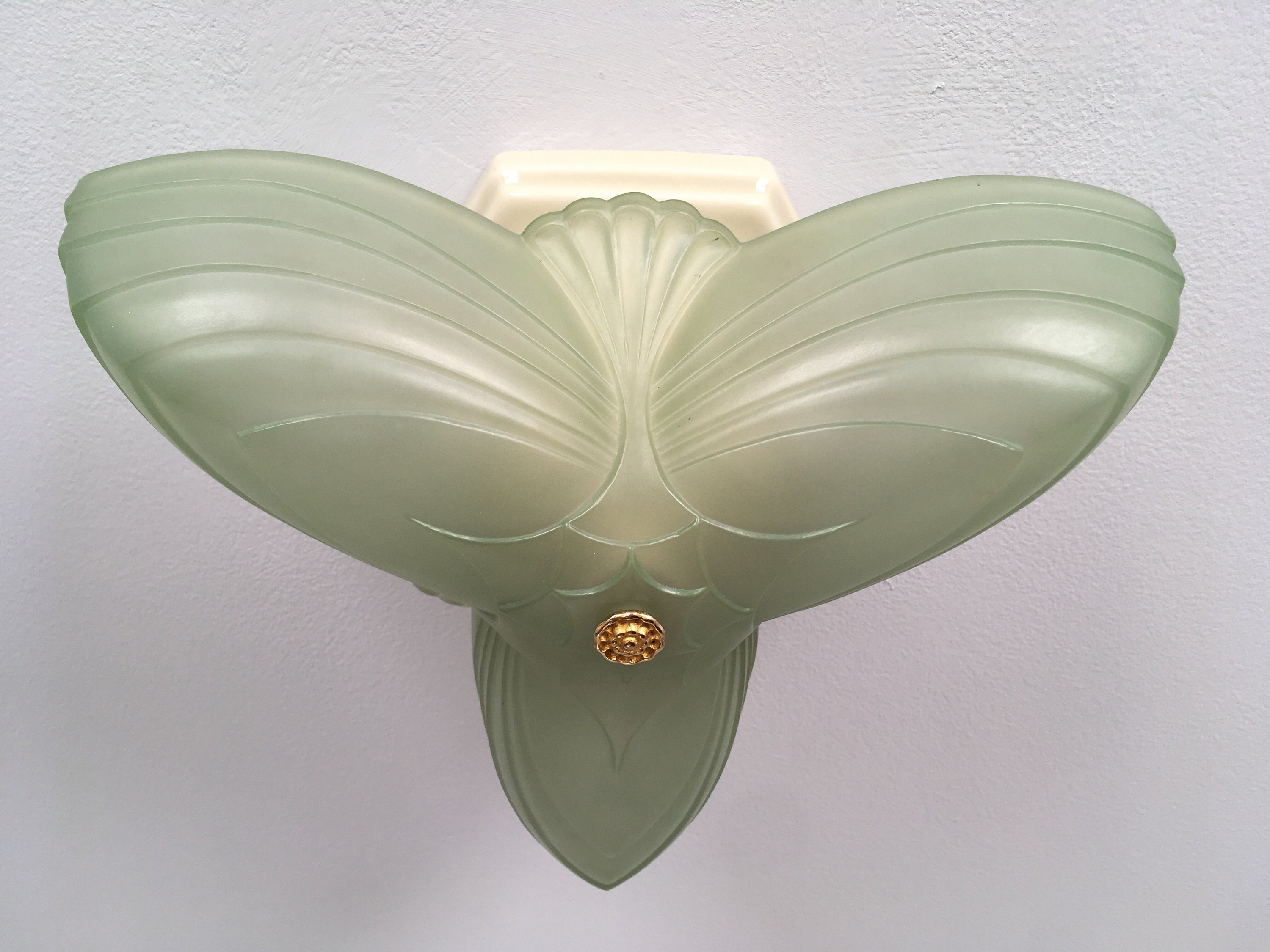 RESERVED Jadeite Semi Flush Mount Slip Shade Ceiling Fixture, 1920's 3