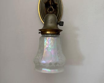1909 Antique Pressed Brass Wall Sconce, Original Decor with White Opalescent Glass Shade and Rotary On/Off Switch, Rewired/Ready to Install