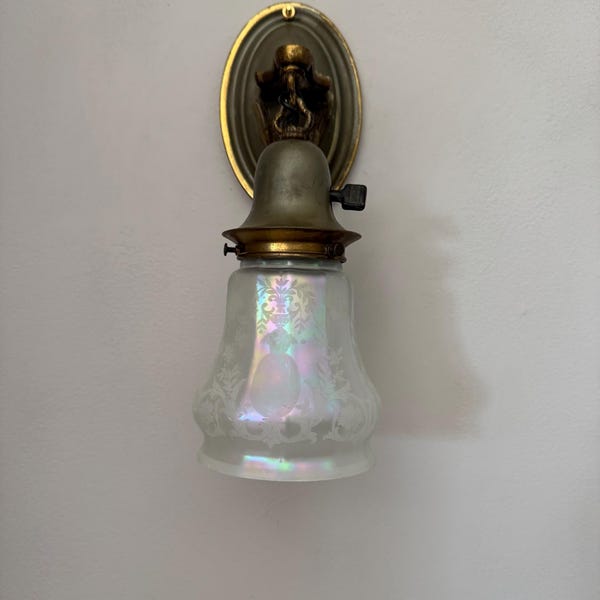 1910 Antique Pressed Brass Wall Sconce, Original Decor with White Opalescent Glass Shade and Rotary On/Off Switch, Rewired/Ready to Install