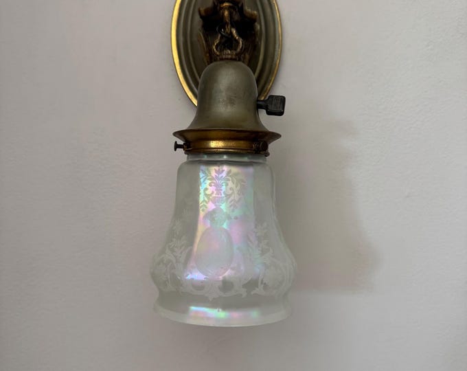 1909 Antique Pressed Brass Wall Sconce, Original Decor with White Opalescent Glass Shade and Rotary On/Off Switch, Rewired/Ready to Install