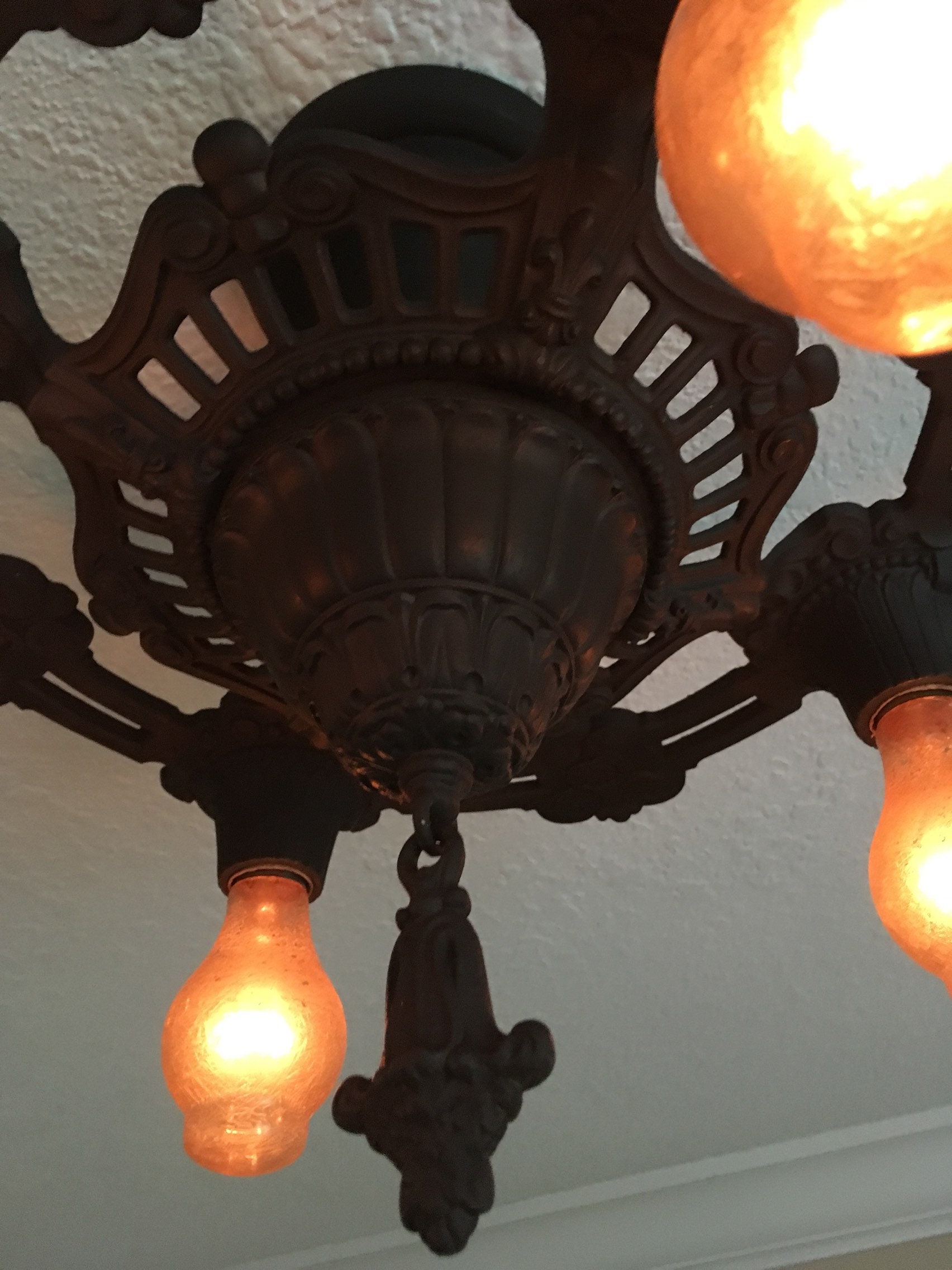 Antique 1920's 5 Bulb Semi Flush Light Fixture, Heavy Cast Iron