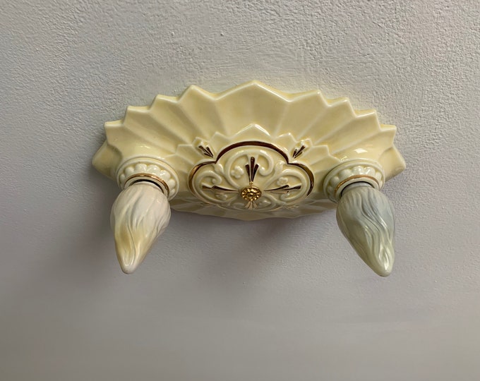 Antique Flush Mount Ceiling Fixture, Two Light Porcelain, Rewired, 1930's Porcelier