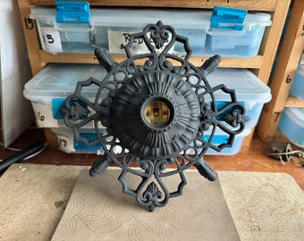 Antique Flush Mount Cast Iron Ceiling Light, 1920's Art Deco, Refinished in Charcoal Black, Rewired and Ready to Install
