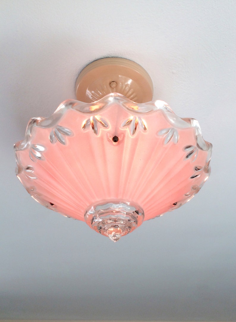 3 Chain Semi Flush Ceiling Light 1930 S Pink Glass Bowl With Clear Surround Ready To Install