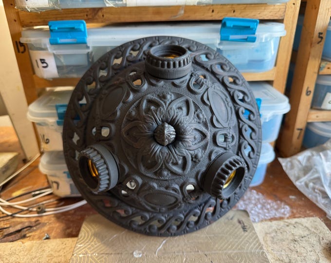 Petite Antique Flush Mount Bulb-Thru-Base Ceiling Light Fixture, Heavy Cast Iron, Charcoal Black, Restored and Ready to Install